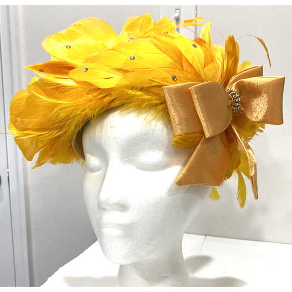 Vintage Ms Devine hat bright yellow feathers satin bow & rhinestones statement - Picture 2 of 10
